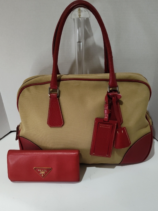 Prada Handbags - Prada Beige Canvas Tote with Red Leather Trim and Wallet